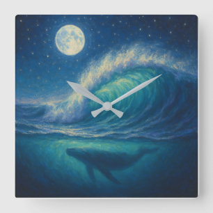 Relógio Quadrado Baleia Sob a Onda ao Luar - Estilo de Pintura Past