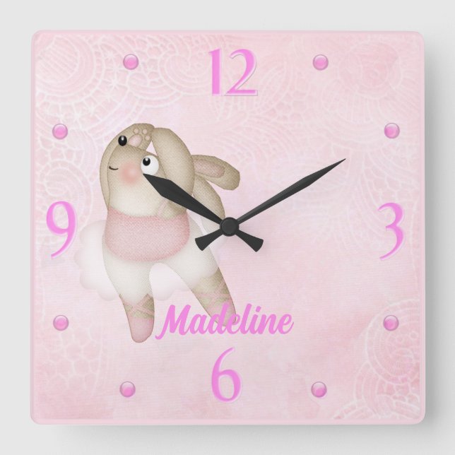 Relógio Quadrado Ballerina Bunny Nursery Wall Clock (Frente)