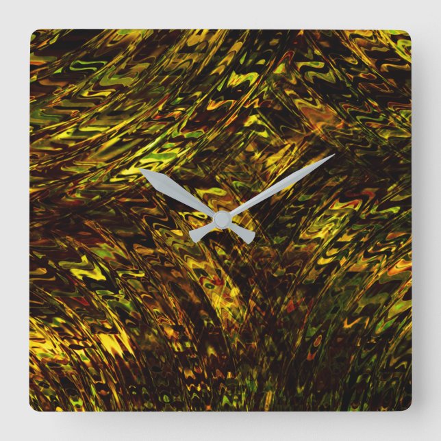 Relógio Quadrado bandas abstrato curvas em verde ouro e mais escuro (Frente)