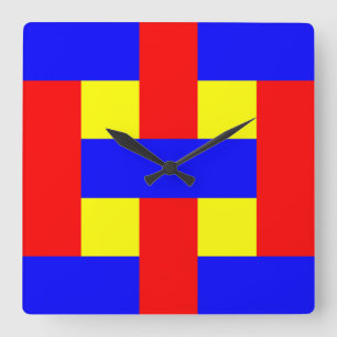 Relógio Quadrado Bandas de Flanela Azul, Amarelo e Vermelho