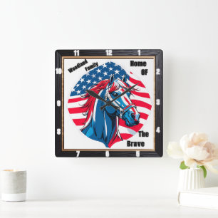Relógio Quadrado Bandeira Americana da Família Cavalo Patriótica