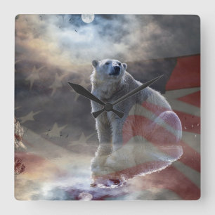 Relógio Quadrado Bandeira Americana do Urso Polar