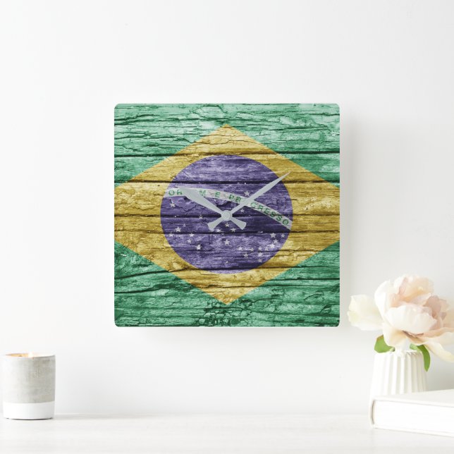 Relógio Quadrado bandeira de madeira do Brasil (Lar)
