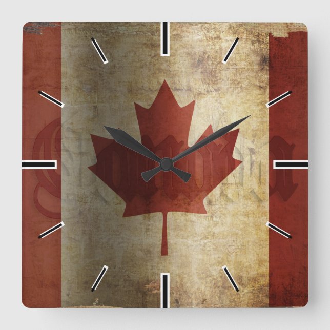 Relógio Quadrado Bandeira do Canadá / Grunge... (Frente)