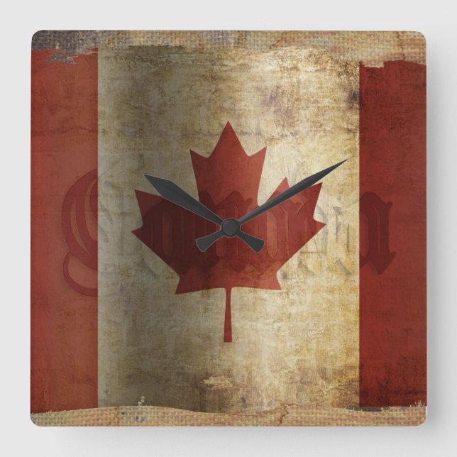 Relógio Quadrado Bandeira do Canadá / Grunge... (Frente)