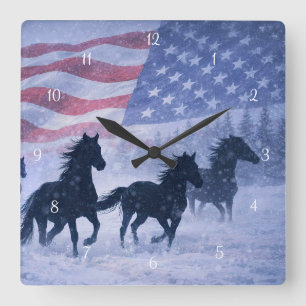Relógio Quadrado Bandeira do Cowboy Western Country Cavalos Selvage
