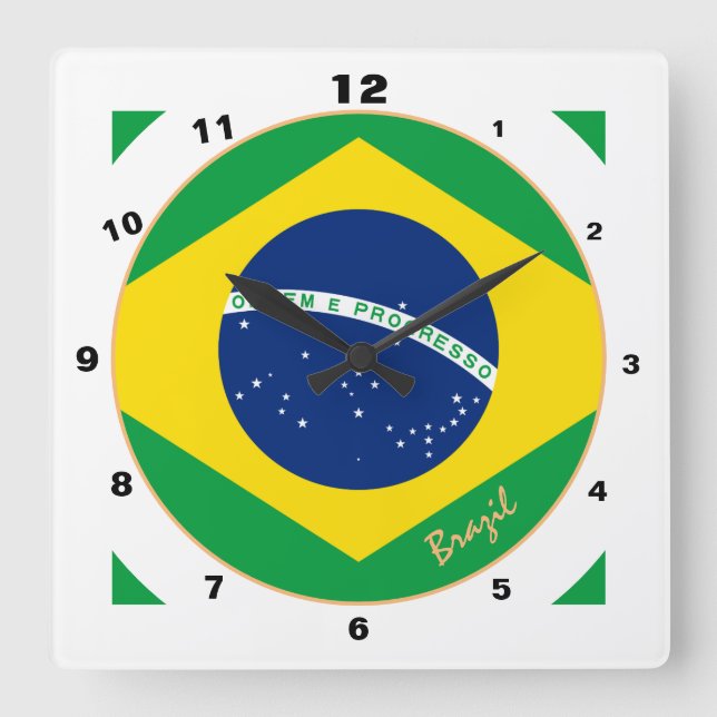 Relógio Quadrado Bandeira Moderna do Brasil, Trendência Brasil Casa (Frente)