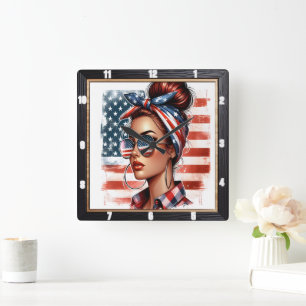 Relógio Quadrado Bandeira Patriótica Americana