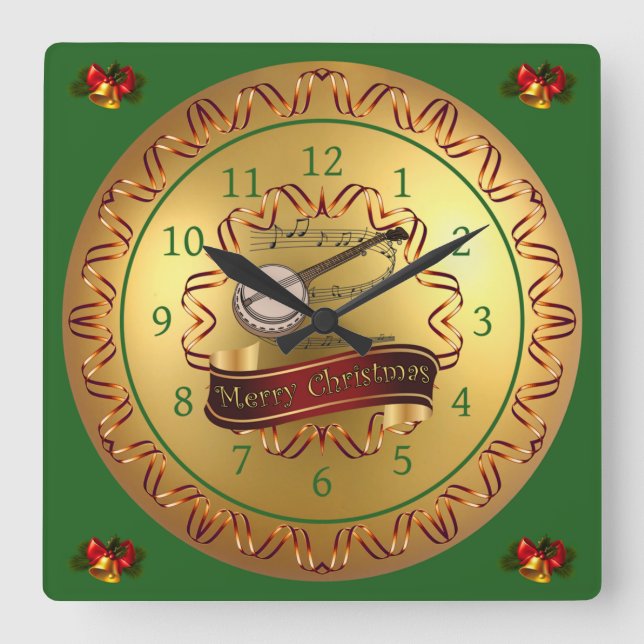 Relógio Quadrado Banjo ~ Musical Scroll ~ “Merry Christmas”  (Frente)