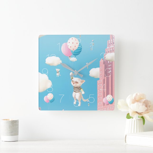 Relógio Quadrado Bao Bao: Gatinhos Rumando ao Céu Fantasia de Balõe (Lar)