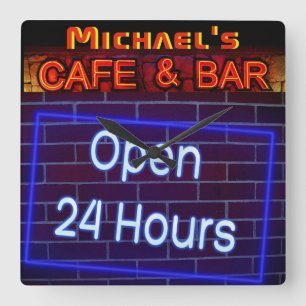 Relógio Quadrado BAR Neon Light CAFE OPen ALL Hours Personalizado 2