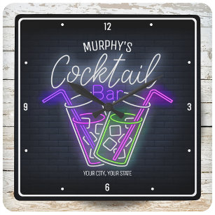 Relógio Quadrado Bar personalizado Cocktail do Night Club Faux Neon