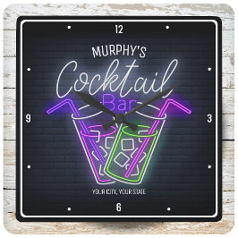 Relógio Quadrado Bar personalizado Cocktail do Night Club Faux Neon