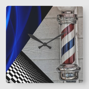 Relógio Quadrado Barber Pole,Black, White, Checkers, Blue Abstract
