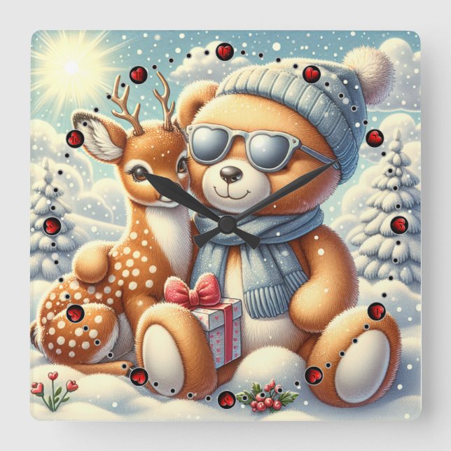 Relógio Quadrado Bärchen Rehkitz Weihnachten Christmas (Frente)