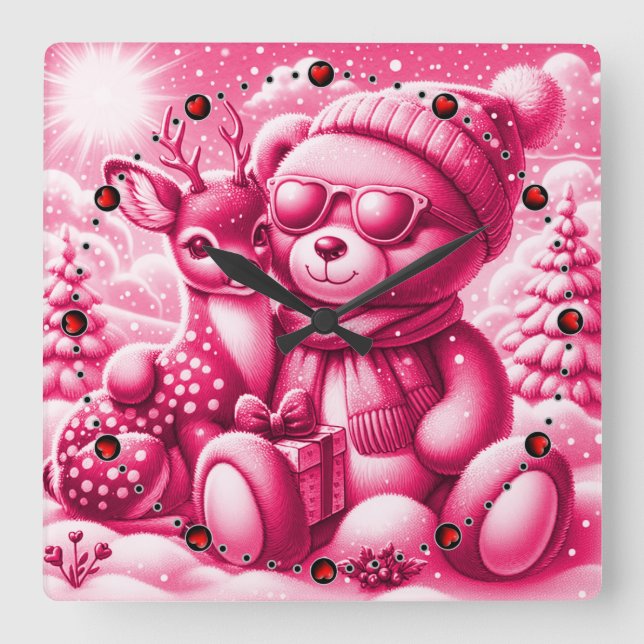 Relógio Quadrado Bärchen Rehkitz Weihnachten Christmas (Frente)