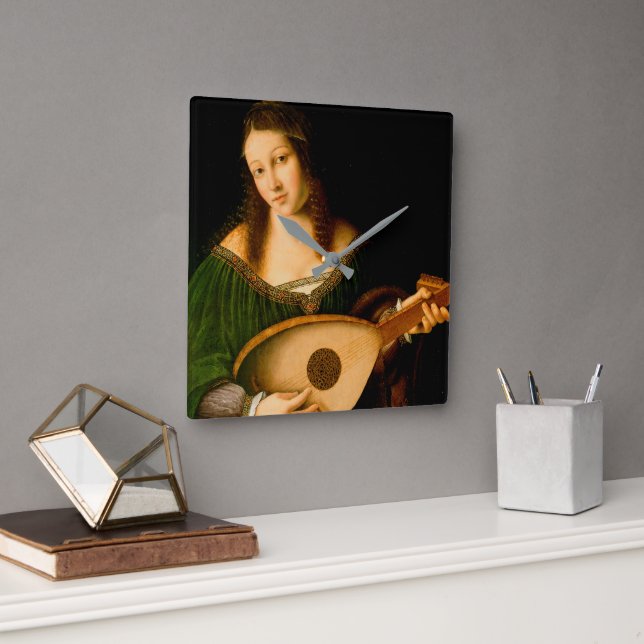 Relógio Quadrado Bartolomeo Veneto Lady Playing Lute Portrait Art (Escritório)