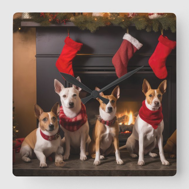 Relógio Quadrado Basenji pelo Natal da Lareira (Frente)
