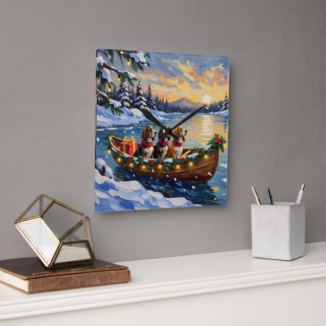 Relógio Quadrado Basset Hound Christmas Boat Holiday (Escritório)