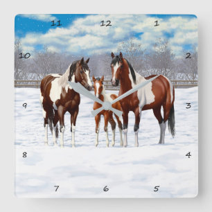 Relógio Quadrado Bay Pinto Paint Horses In Winter Snow