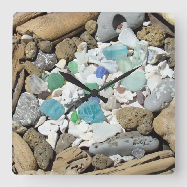 Relógio Quadrado Beach Combers Clocks Rock Hounds Sea Glass present (Frente)