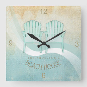 Relógio Quadrado Beach House Adirondack Chairs Aqua Blue ID623