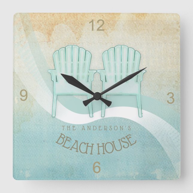 Relógio Quadrado Beach House Adirondack Chairs Aqua Blue ID623 (Frente)