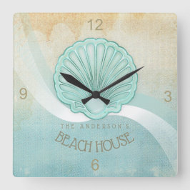 Relógio Quadrado Beach House Clam Shell Aqua Blue ID623
