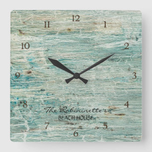 Relógio Quadrado Beach House Driftwood Teal Blue Costal Seashore
