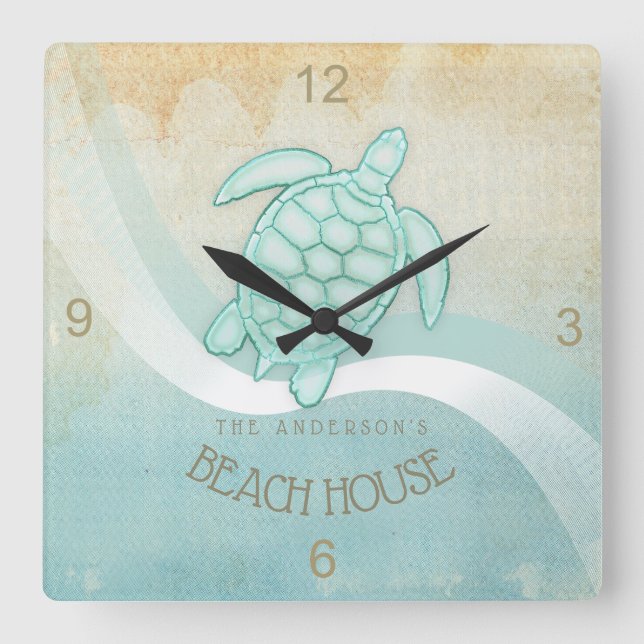 Relógio Quadrado Beach House NMaritime Turtle Aqua Blue ID623 (Frente)