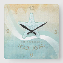 Relógio Quadrado Beach House - Starfish Aqua Blue ID623