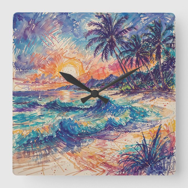Relógio Quadrado Beach Scribbles - Line Art Style Landscape (Frente)
