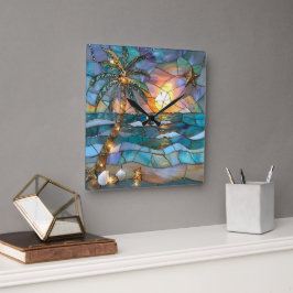 Relógio Quadrado Beach Sunset Stained Glass Wall Clock
