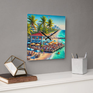 Relógio Quadrado Beach Time Beach Café Wall Clock