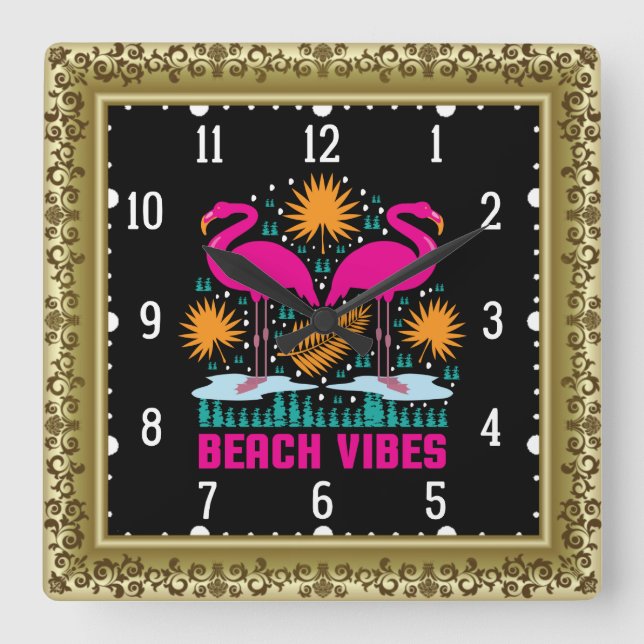 Relógio Quadrado Beach Vibes Pink Flamingos-19501 (Frente)