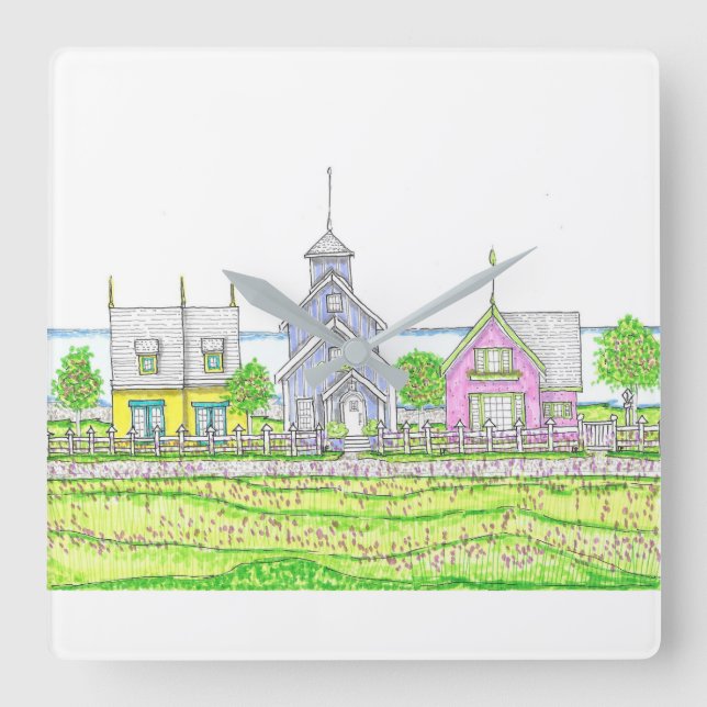 Relógio Quadrado Beachy Cottages Wall Clock (Frente)