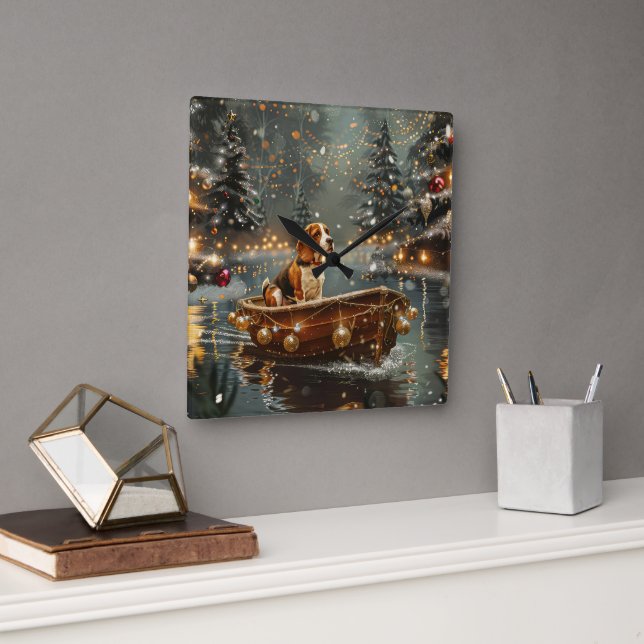 Relógio Quadrado Beagle Christmas Festive Voyage (Escritório)