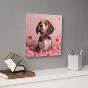 Relógio Quadrado Beagle com Rosas - Dia dos Namorados