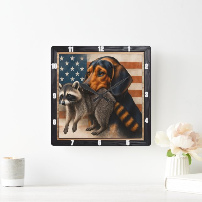 Relógio Quadrado Beagle Raccoon American Flag (Lar)