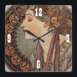 Relógio Quadrado Beautjful, Vintage, Art Deco, Wall Clock<br><div class="desc">Linda arte de Alphonso Mucha. presente de excelente para aniversários,  casamentos ou Natal. Adicione texto se quiser ou personalize com um nome ou inicial.</div>