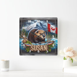 Relógio Quadrado Beaver Canadiano Perto da Água com Bandeira Folha 