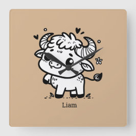 Relógio Quadrado Bebê Búfalo Fofo - Animal de Fazenda Kawaii