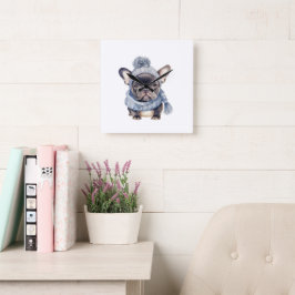 Relógio Quadrado Bebê Bulldog de Inverno em Gorro e Cachecol Azul