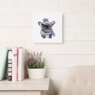 Relógio Quadrado Bebê Bulldog de Inverno em Gorro e Cachecol Azul