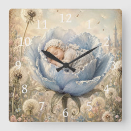 Relógio Quadrado Bebê dormindo em flor azul