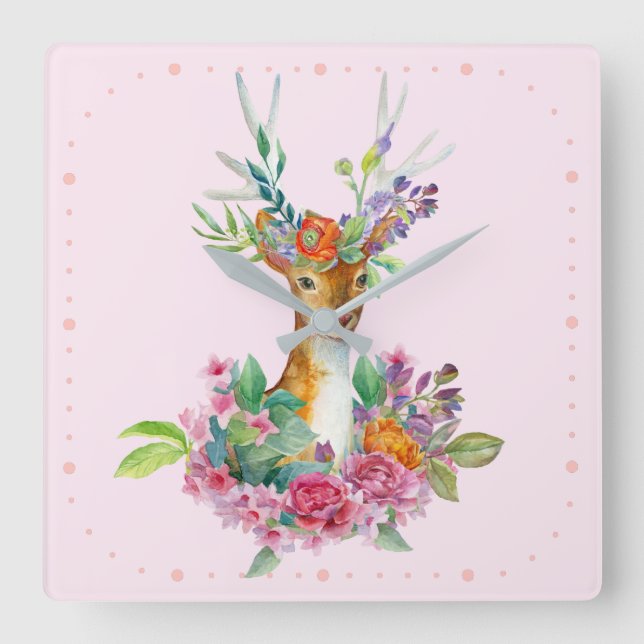 Relógio Quadrado Bebê Floral Pintado com Aquarela Nurserria Bebê (Frente)