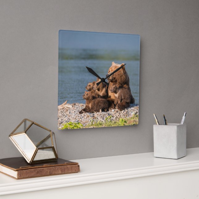 Relógio Quadrado Bebês Mais Pobres | Urso-Mãe e Cubos (Escritório)