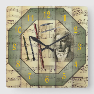 Relógio Quadrado Beethoven~Orquestra Sinfônica~Instrumentos Woodwi