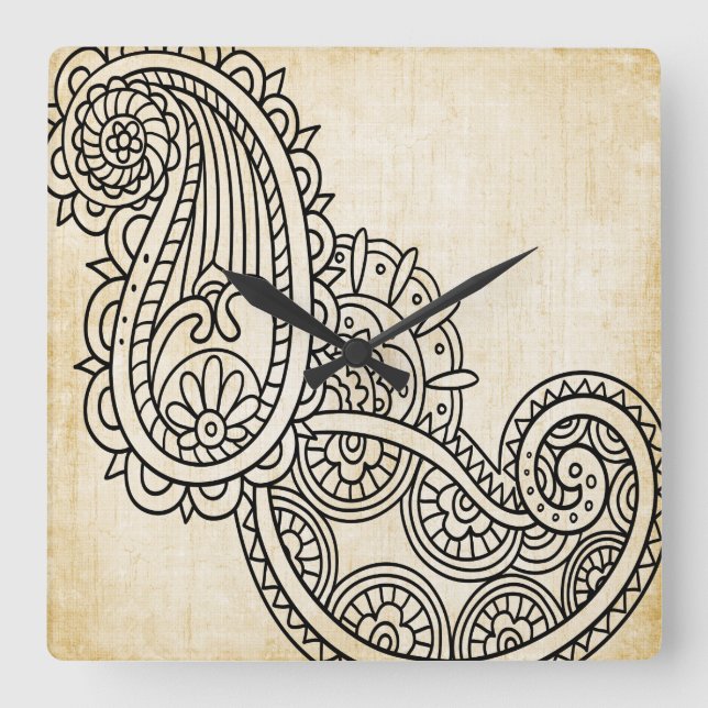 Relógio Quadrado Beige Mehndi Motif Clock (Frente)