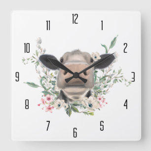 Relógio Quadrado beijo de nariz de vaca flores aquarela cinza anima